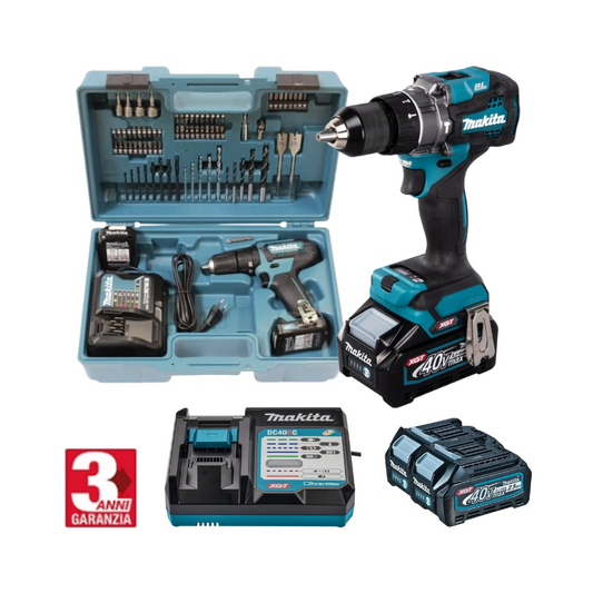 Kit Makita Originale XGT® Trapano Avvitatore a Percussione per Forature e Avvitature Gravose 45 Accessori + 2 Batterie 40V